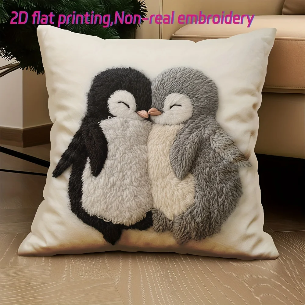 housse de coussin pingouins enlacés en noir et gris